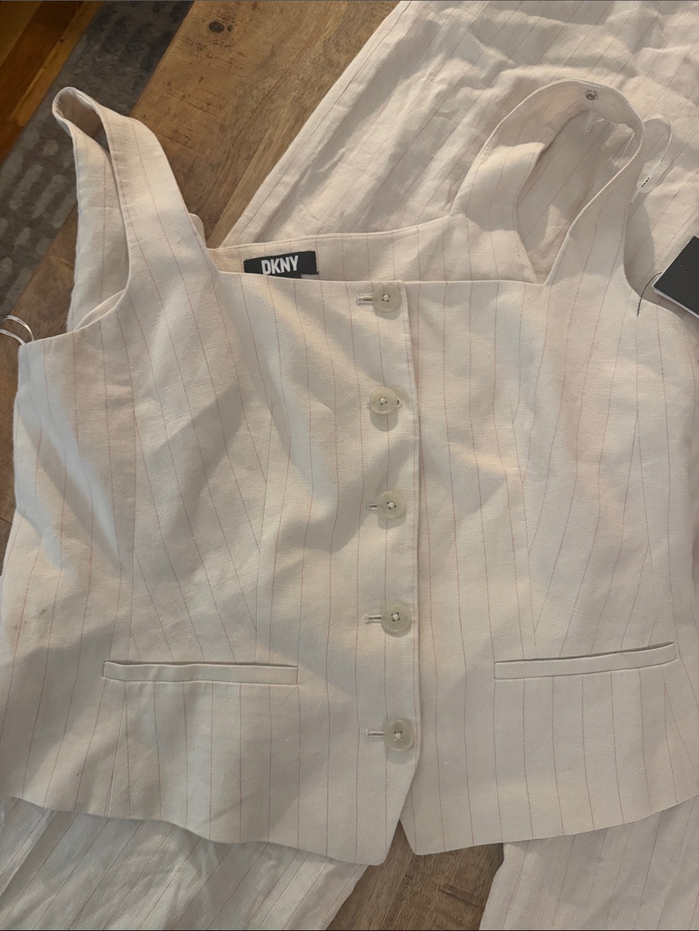 DKNY Cream Pinstripe Wide-Leg Linen Blend Pants suit set matching tank vest NWT - Picture 2 of 11